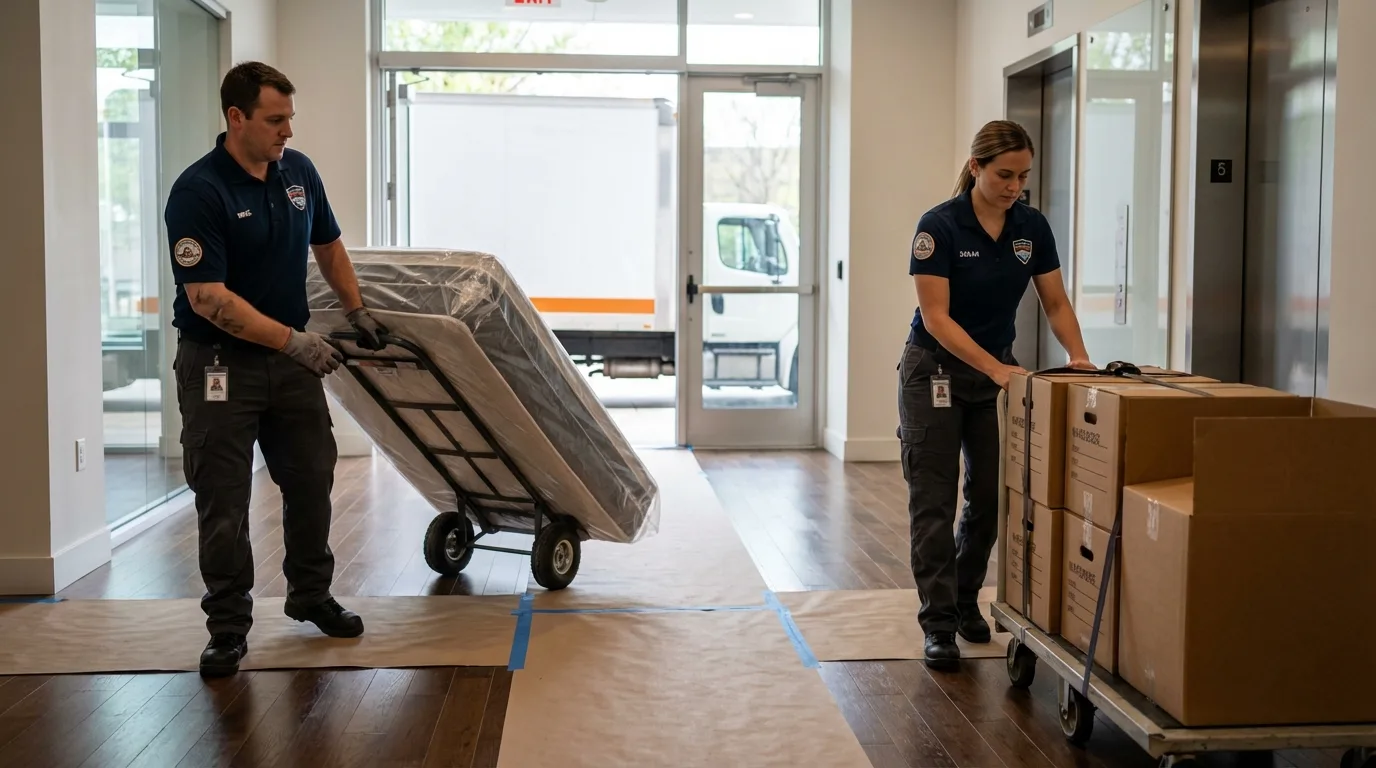 Professional apartment movers loading elevator in Carlisle, KY
