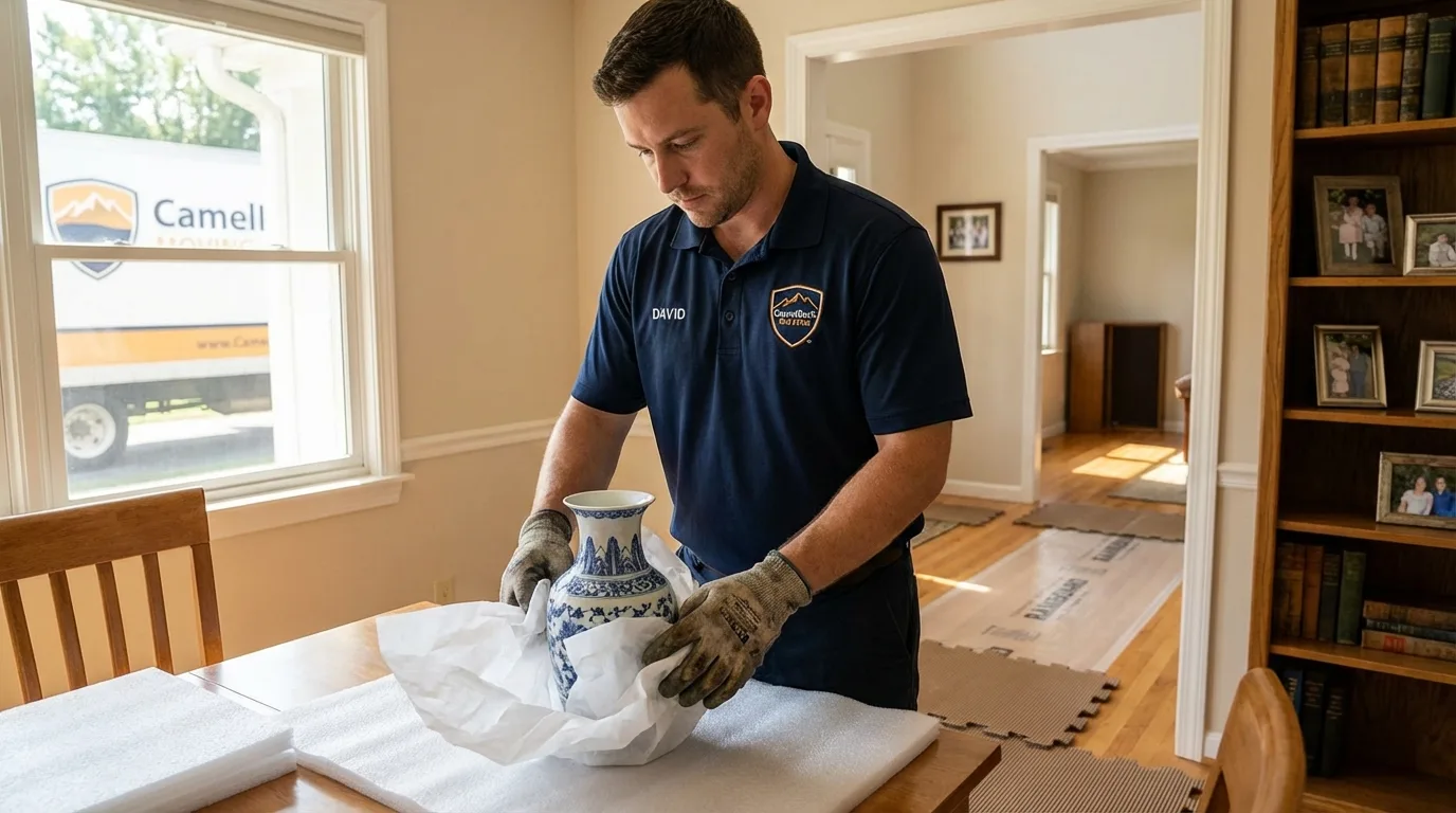 Professional crew carefully wrapping antique vase for senior downsizing move in Carlisle, KY